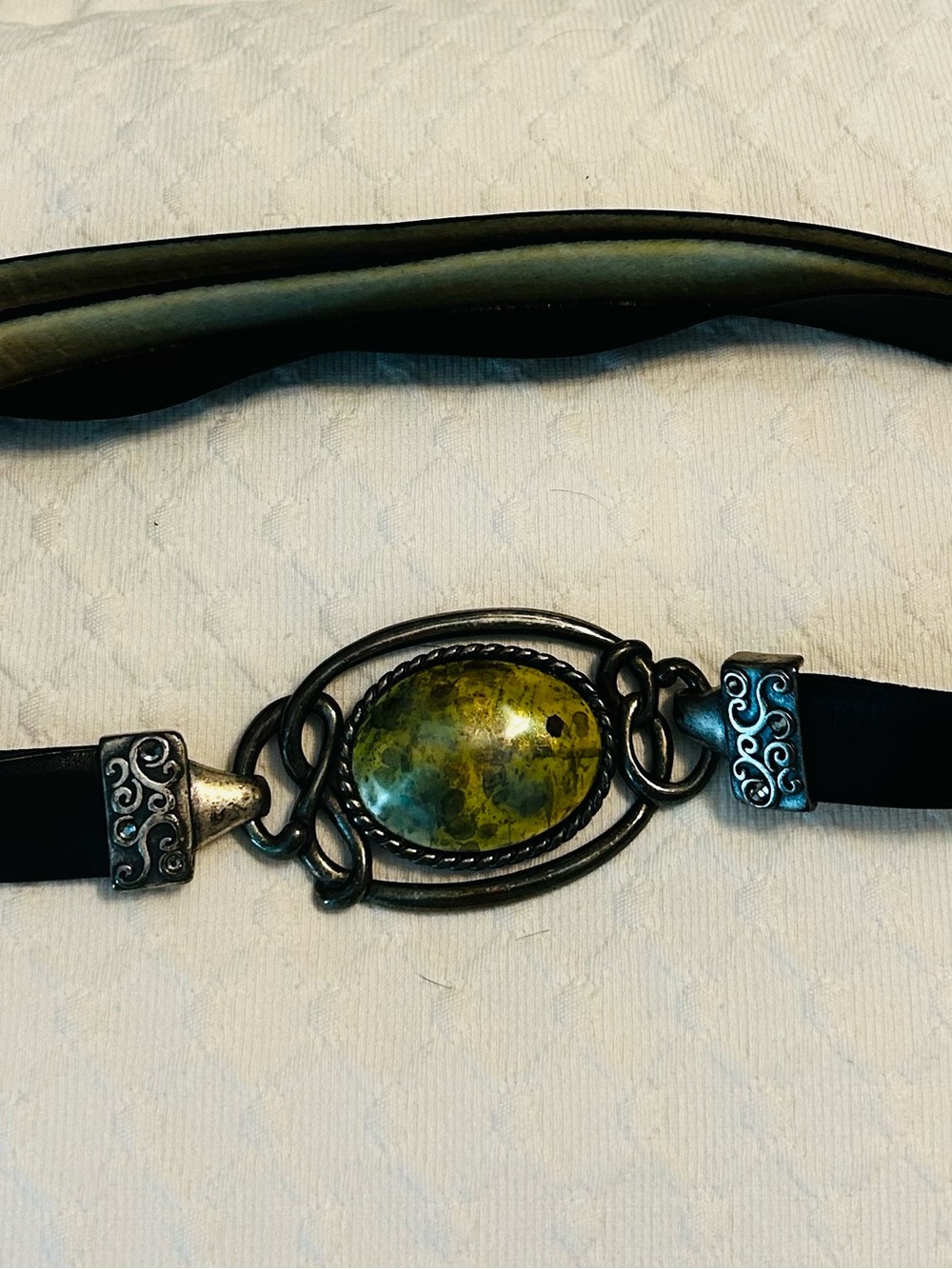 Leather adjustable belt with Yellow - Green Stone Accent